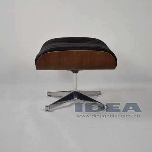 Eames Lounge Ottoman Walnut shell Black leather Polished Aluminum Base