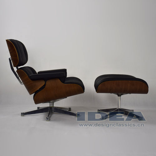 Eames Lounge Chair and Ottoman Walnut shell Black leather Polished Aluminum Base
