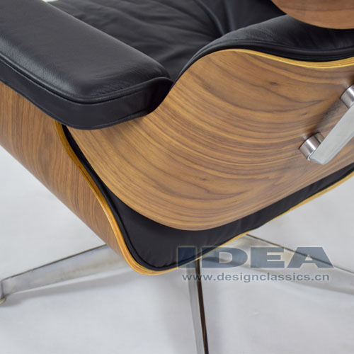 Eames Lounge Chair and Ottoman Walnut shell Black leather Polished Aluminum Base