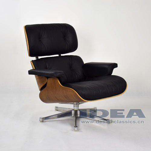 Eames Lounge Chair Walnut shell Black leather Polished Aluminum Base