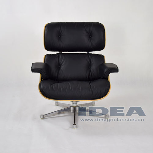 Eames Lounge Chair Walnut shell Black leather Polished Aluminum Base