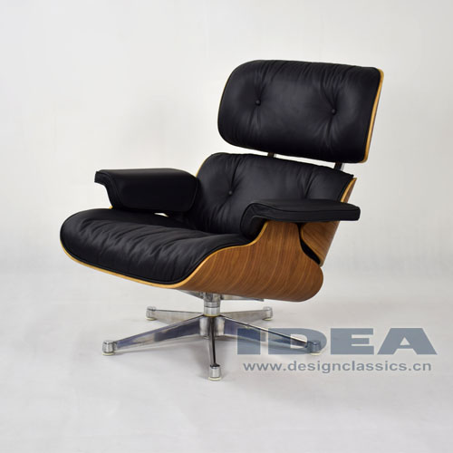 Eames Lounge Chair Walnut shell Black leather Polished Aluminum Base